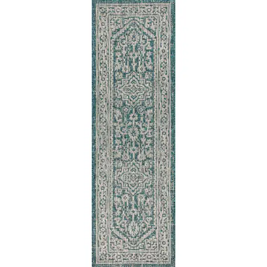 8' Teal Blue And Gray Medallion Indoor Outdoor Runner Rug Photo 1