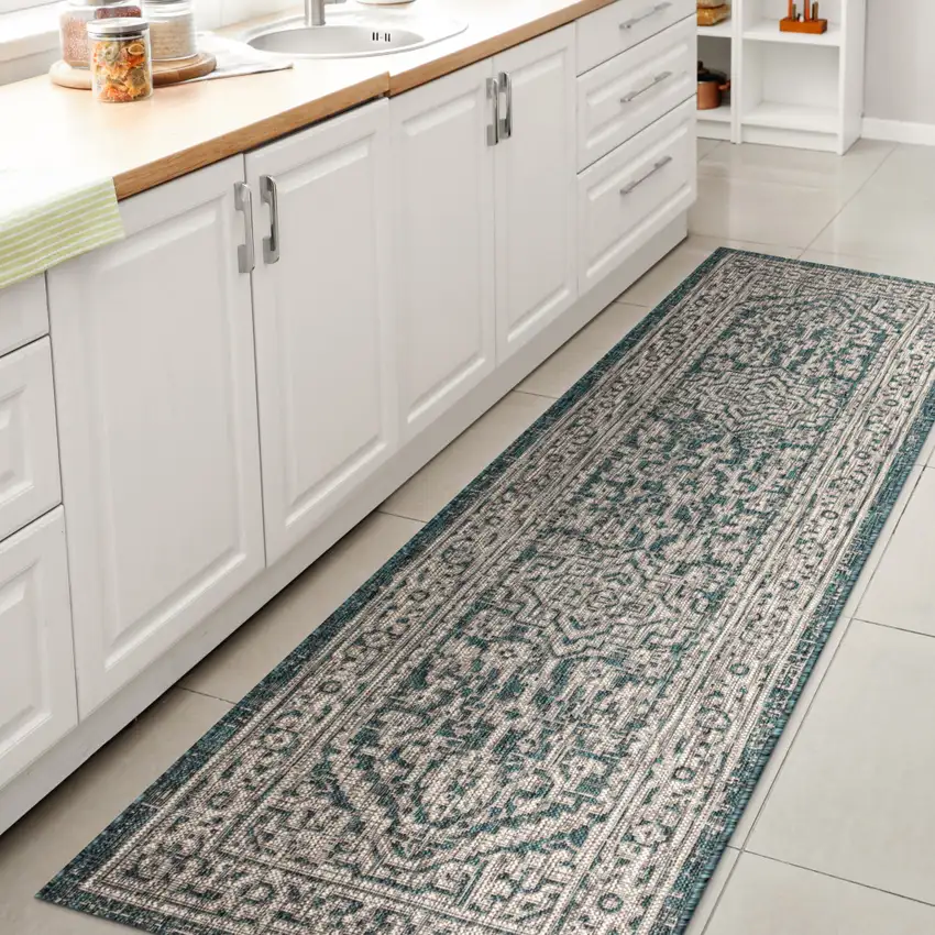 8' Teal Blue And Gray Medallion Indoor Outdoor Runner Rug Photo 6