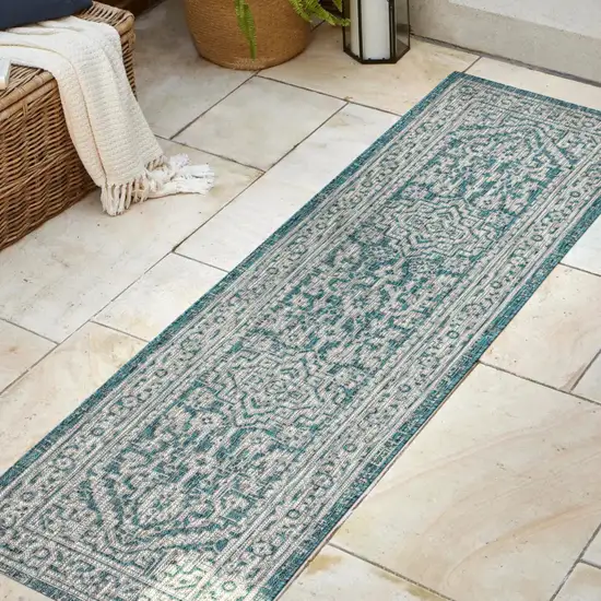 8' Teal Blue And Gray Medallion Indoor Outdoor Runner Rug Photo 5