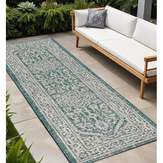 8' Teal Blue And Gray Medallion Indoor Outdoor Runner Rug Photo 1