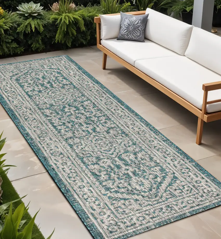 8' Teal Blue And Gray Medallion Indoor Outdoor Runner Rug Photo 1