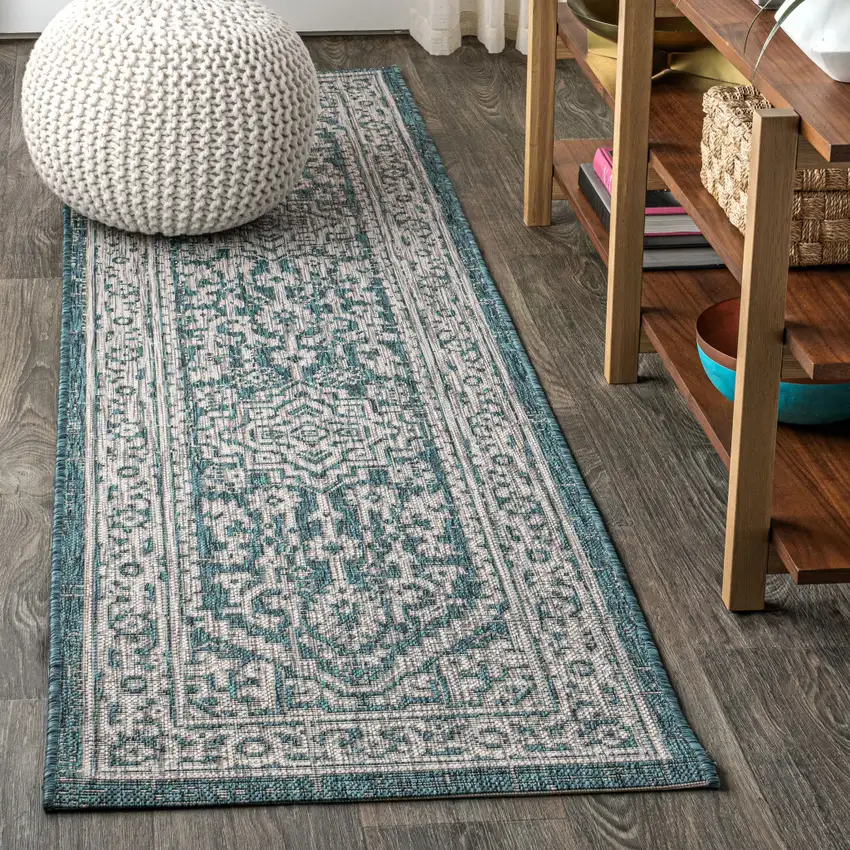 8' Teal Blue And Gray Medallion Indoor Outdoor Runner Rug Photo 4