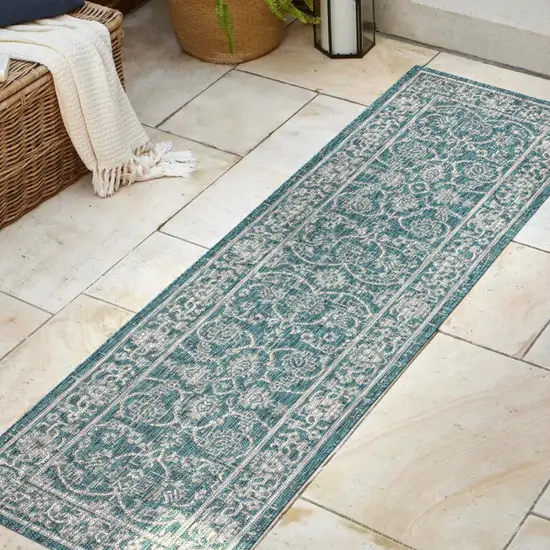 8' Teal Blue And Gray Medallion Indoor Outdoor Runner Rug Photo 5