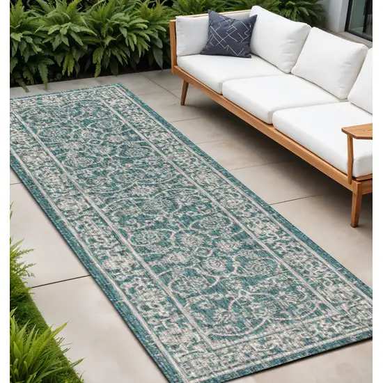 8' Teal Blue And Gray Medallion Indoor Outdoor Runner Rug Photo 1