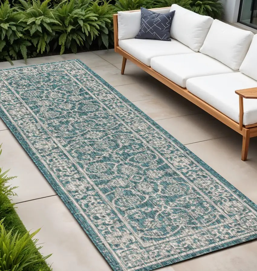 8' Teal Blue And Gray Medallion Indoor Outdoor Runner Rug Photo 1