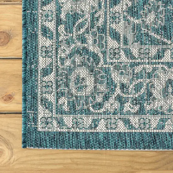 8' Teal Blue And Gray Medallion Indoor Outdoor Runner Rug Photo 9