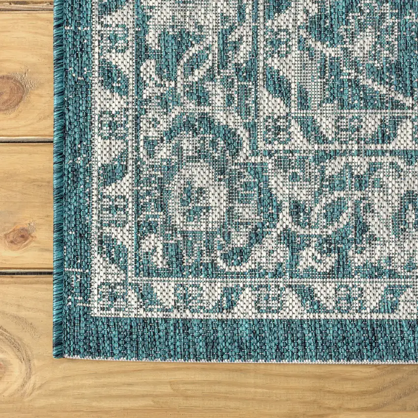 8' Teal Blue And Gray Medallion Indoor Outdoor Runner Rug Photo 9