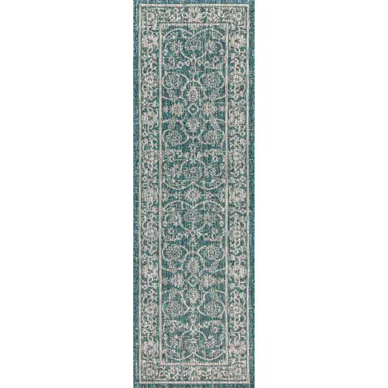 8' Teal Blue And Gray Medallion Indoor Outdoor Runner Rug Photo 3