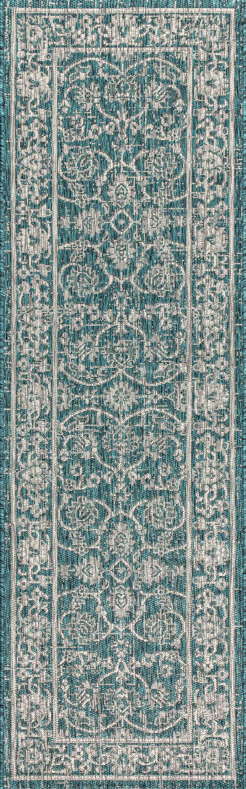 8' Teal Blue And Gray Medallion Indoor Outdoor Runner Rug Photo 3