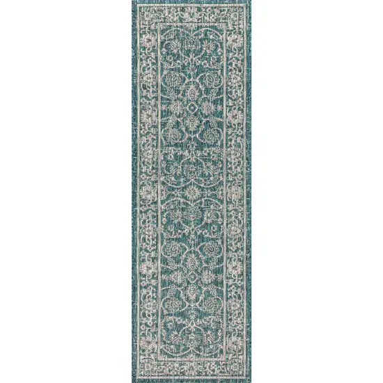 8' Teal Blue And Gray Medallion Indoor Outdoor Runner Rug Photo 1