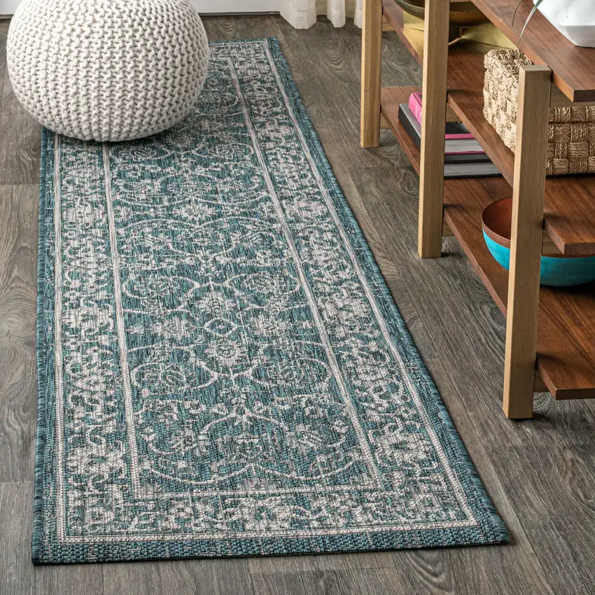 8' Teal Blue And Gray Medallion Indoor Outdoor Runner Rug Photo 4