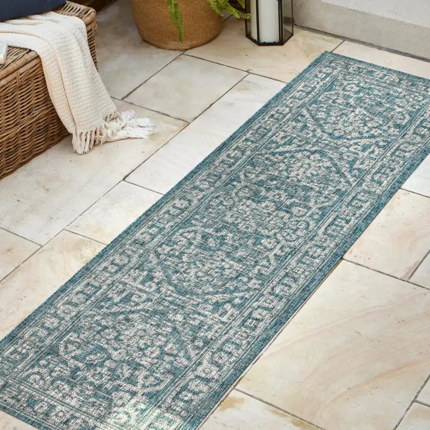 8' Teal Blue And Gray Medallion Indoor Outdoor Runner Rug Photo 5