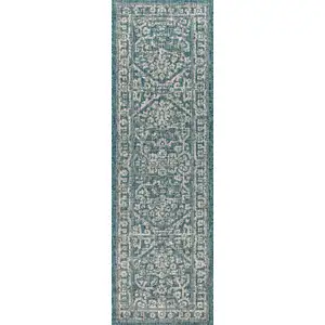 Photo of 8' Teal Blue And Gray Medallion Indoor Outdoor Runner Rug