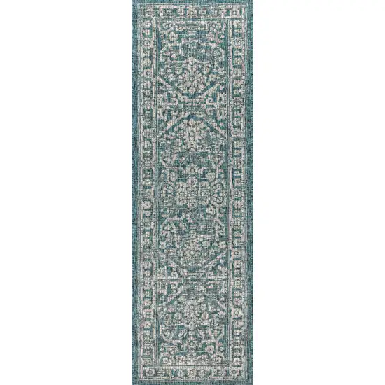 8' Teal Blue And Gray Medallion Indoor Outdoor Runner Rug Photo 1
