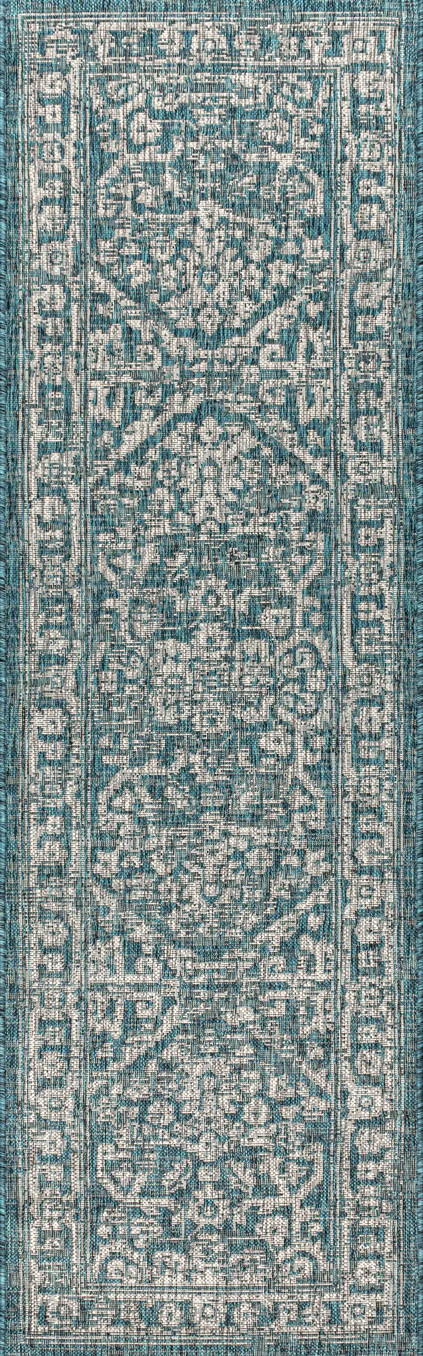 8' Teal Blue And Gray Medallion Indoor Outdoor Runner Rug Photo 1