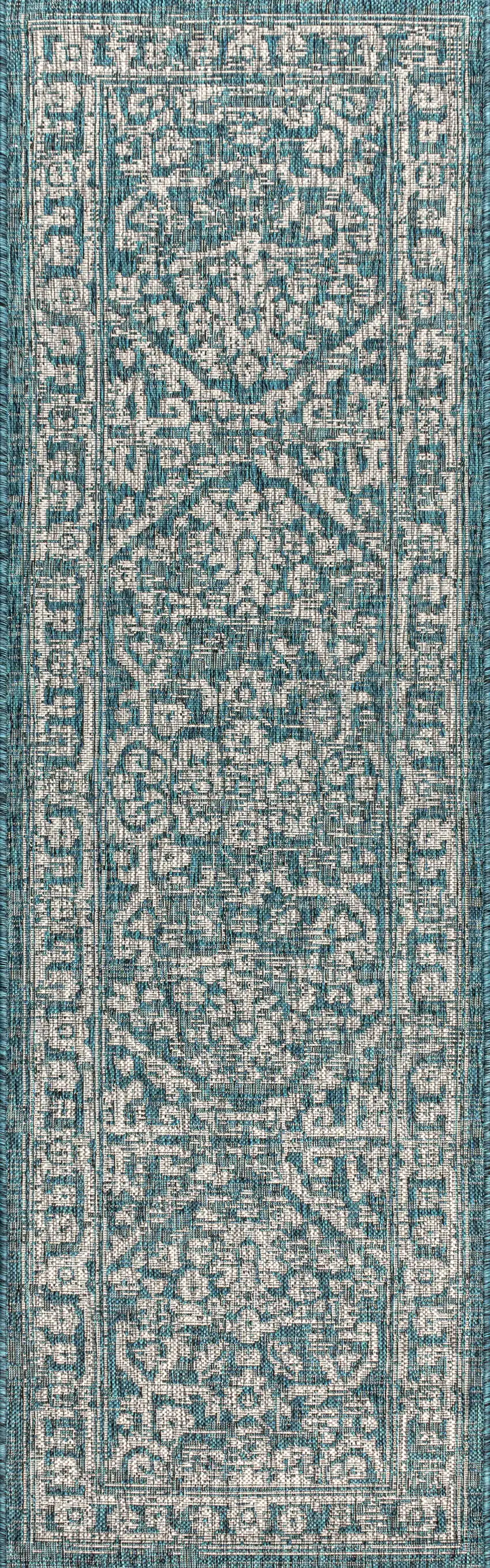 8' Teal Blue And Gray Medallion Indoor Outdoor Runner Rug Photo 3