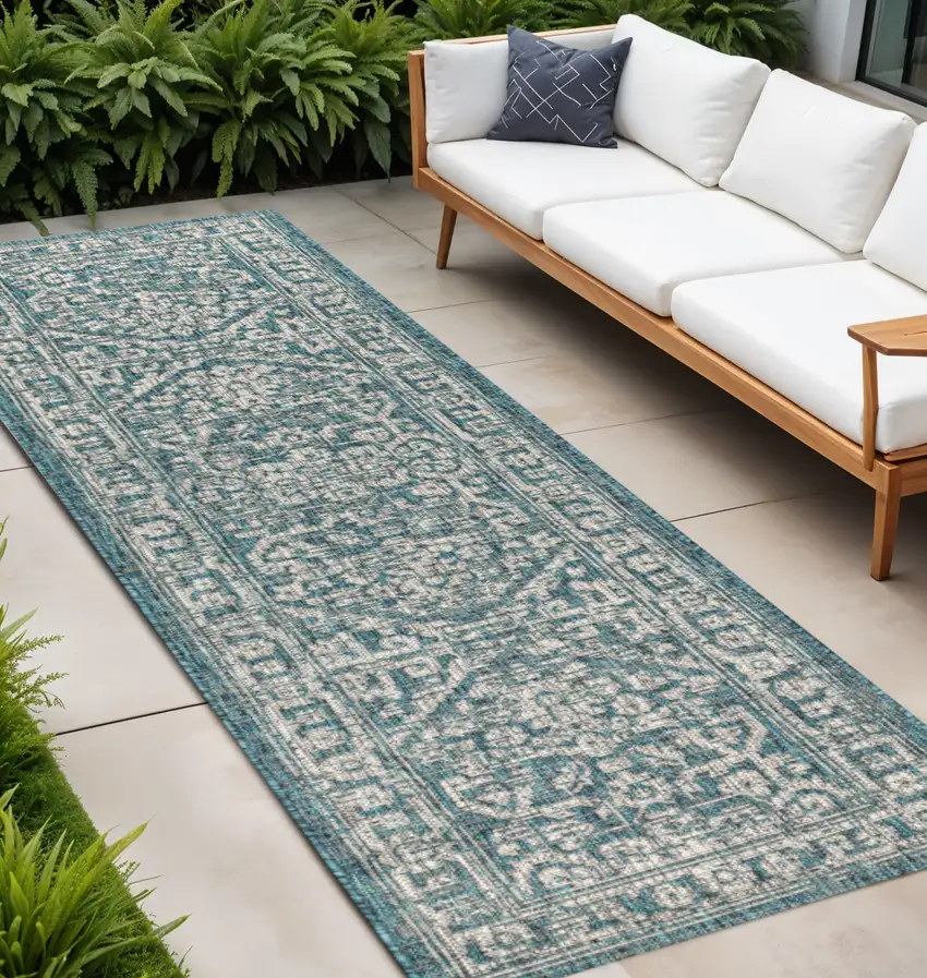 8' Teal Blue And Gray Medallion Indoor Outdoor Runner Rug Photo 1