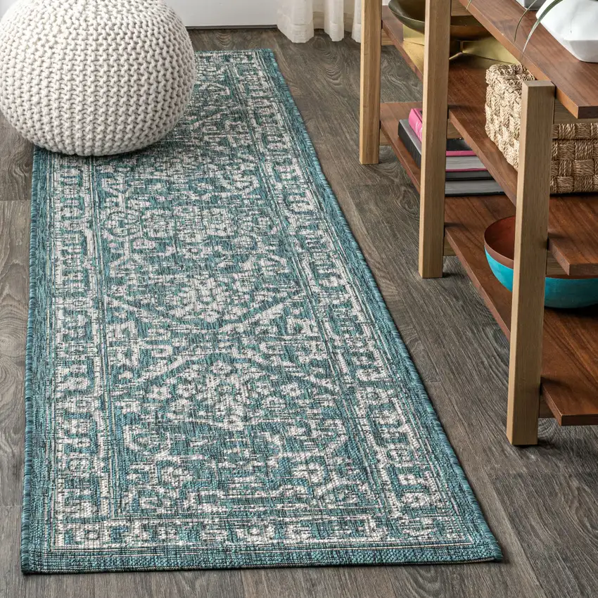 8' Teal Blue And Gray Medallion Indoor Outdoor Runner Rug Photo 4