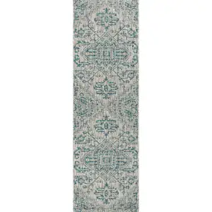 Photo of 8' Teal Blue And Gray Medallion Indoor Outdoor Runner Rug