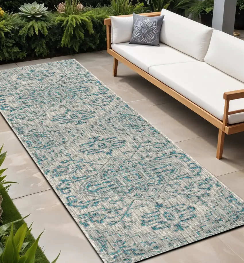 8' Teal Blue And Gray Medallion Indoor Outdoor Runner Rug Photo 1