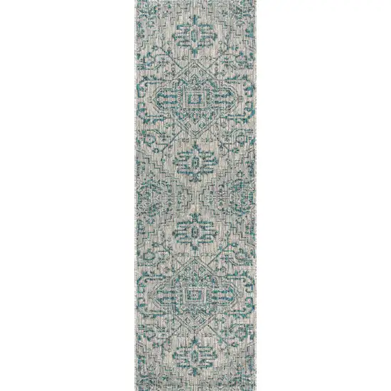 8' Teal Blue And Gray Medallion Indoor Outdoor Runner Rug Photo 3