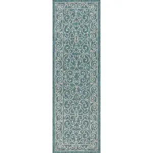 Photo of 8' Teal Blue And Gray Medallion Indoor Outdoor Runner Rug
