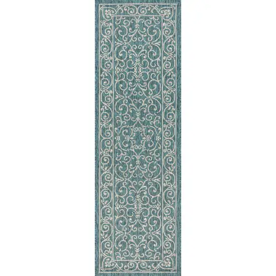 8' Teal Blue And Gray Medallion Indoor Outdoor Runner Rug Photo 1