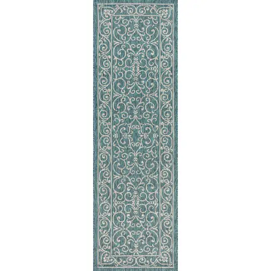 8' Teal Blue And Gray Medallion Indoor Outdoor Runner Rug Photo 3