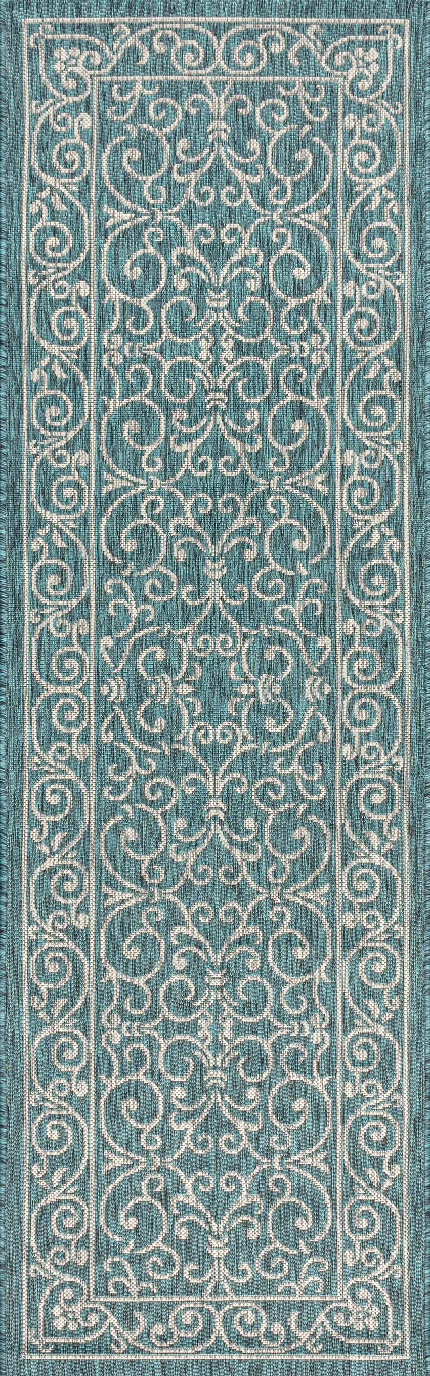 8' Teal Blue And Gray Medallion Indoor Outdoor Runner Rug Photo 3