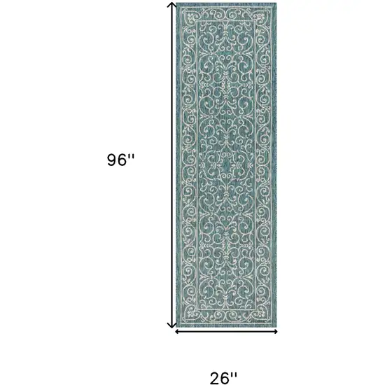 8' Teal Blue And Gray Medallion Indoor Outdoor Runner Rug Photo 5