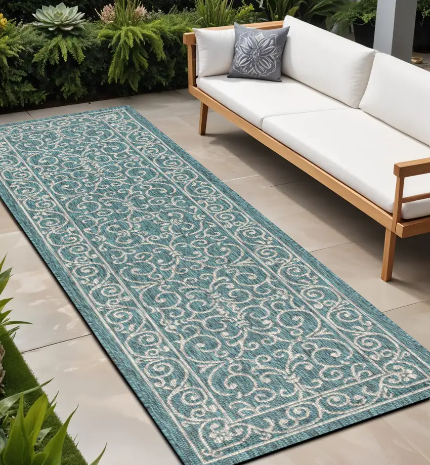 8' Teal Blue And Gray Medallion Indoor Outdoor Runner Rug Photo 1