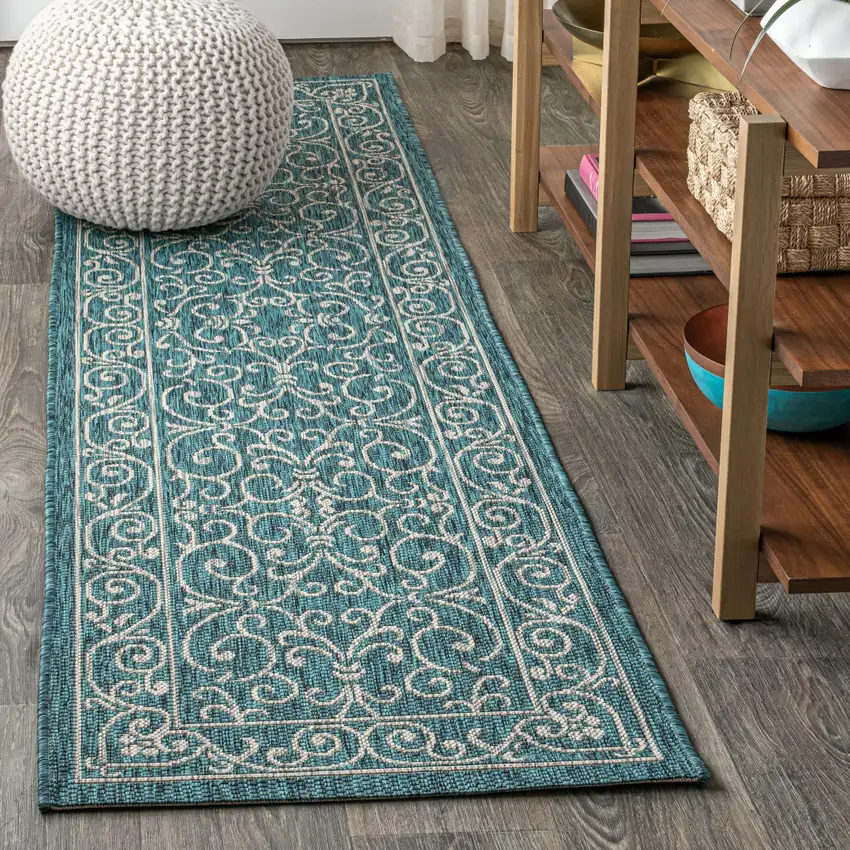 8' Teal Blue And Gray Medallion Indoor Outdoor Runner Rug Photo 3
