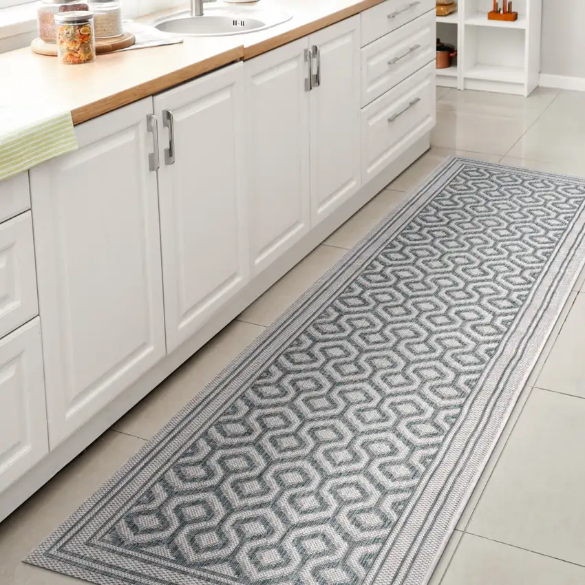 10' Teal Blue And Gray Moroccan Indoor Outdoor Runner Rug Photo 5