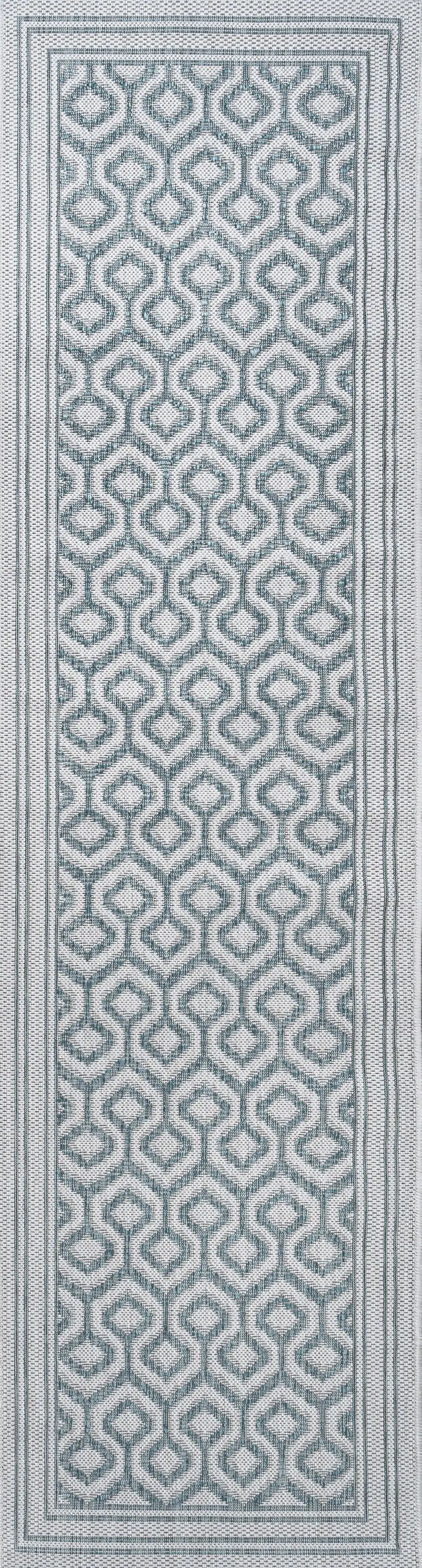 10' Teal Blue And Gray Moroccan Indoor Outdoor Runner Rug Photo 2