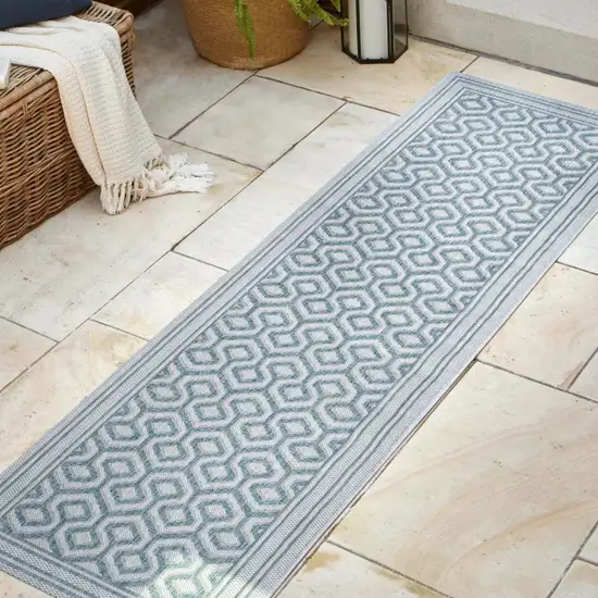 10' Teal Blue And Gray Moroccan Indoor Outdoor Runner Rug Photo 5
