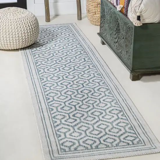 10' Teal Blue And Gray Moroccan Indoor Outdoor Runner Rug Photo 4