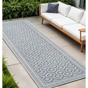 Photo of 8' Teal Blue And Gray Moroccan Indoor Outdoor Runner Rug