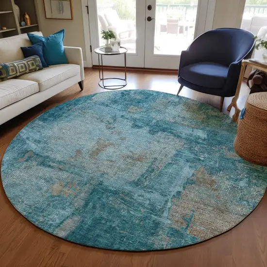 8' Teal Blue And Gray Round Abstract Washable Indoor Outdoor Area Rug Photo 7