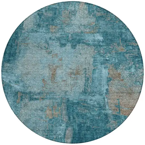 8' Teal Blue And Gray Round Abstract Washable Indoor Outdoor Area Rug Photo 4