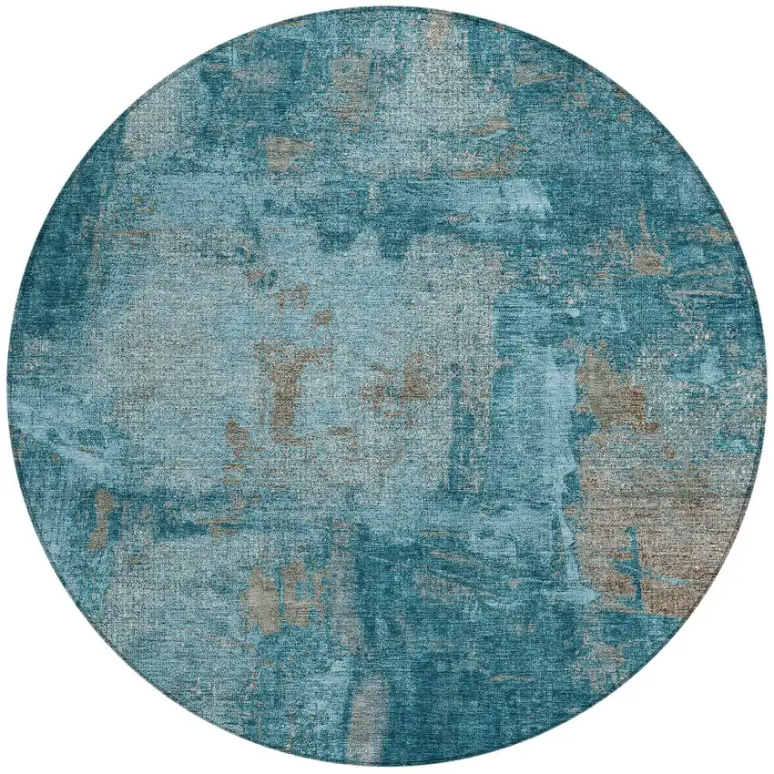 8' Teal Blue And Gray Round Abstract Washable Indoor Outdoor Area Rug Photo 4
