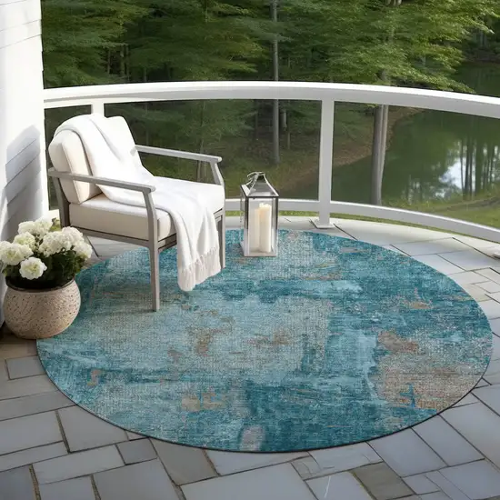 8' Teal Blue And Gray Round Abstract Washable Indoor Outdoor Area Rug Photo 6