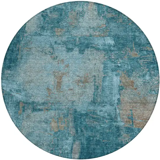 8' Teal Blue And Gray Round Abstract Washable Indoor Outdoor Area Rug Photo 2