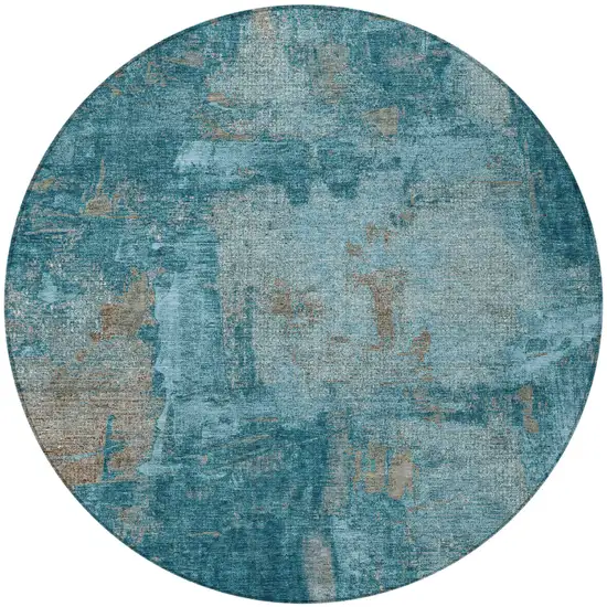 8' Teal Blue And Gray Round Abstract Washable Indoor Outdoor Area Rug Photo 5
