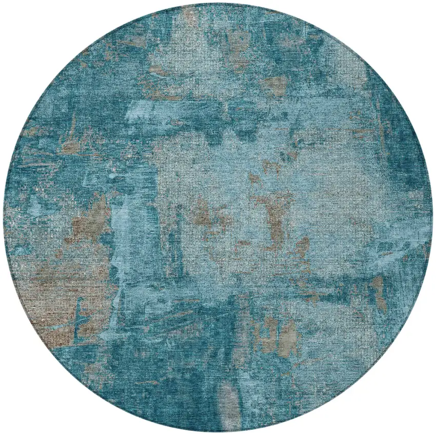 8' Teal Blue And Gray Round Abstract Washable Indoor Outdoor Area Rug Photo 5