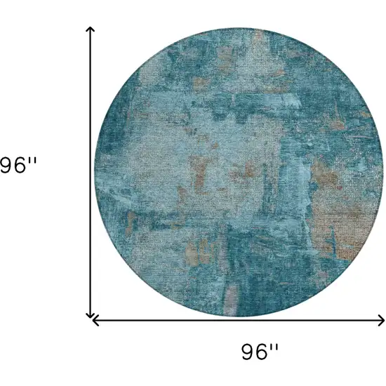 8' Teal Blue And Gray Round Abstract Washable Indoor Outdoor Area Rug Photo 3
