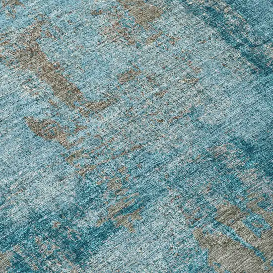 8' Teal Blue And Gray Round Abstract Washable Indoor Outdoor Area Rug Photo 8
