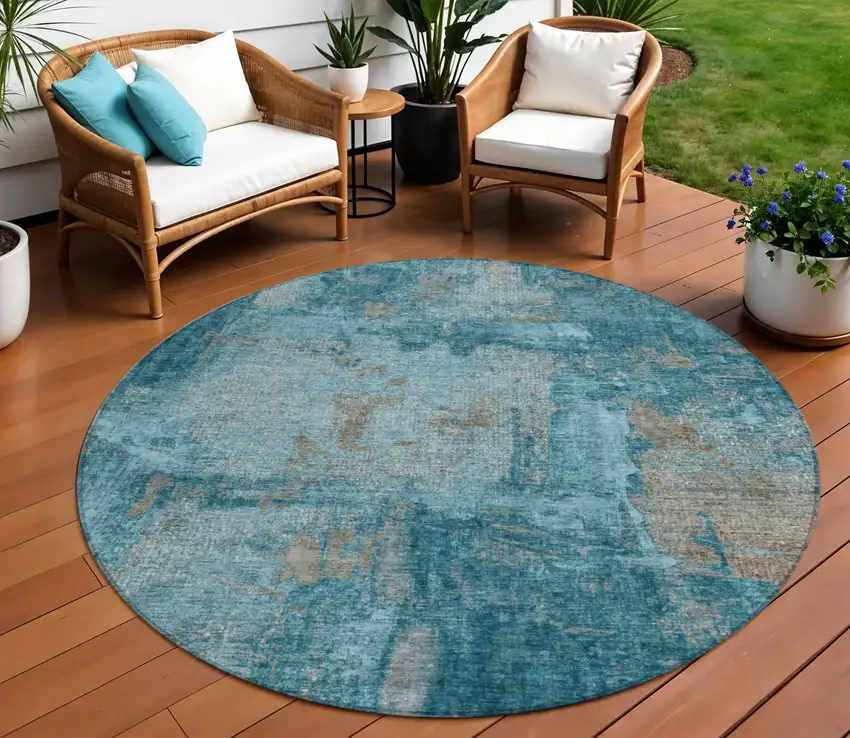 8' Teal Blue And Gray Round Abstract Washable Indoor Outdoor Area Rug Photo 1
