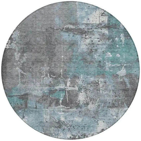 8' Teal Blue And Gray Round Abstract Washable Indoor Outdoor Area Rug Photo 4