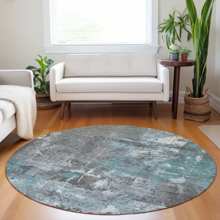 8' Teal Blue And Gray Round Abstract Washable Indoor Outdoor Area Rug Photo 6