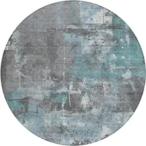 Photo of 8' Teal Blue And Gray Round Abstract Washable Indoor Outdoor Area Rug